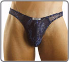 Veil matter. Blue printed  pattern on blue. Tranparency on the sides. Men Lingerie.
