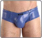 Printed blue skin of reptile. Glossed material. Lined at the front.