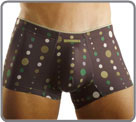 Bubbles printed pattern on brown background. Fine and soft matter. Small elastic waisd band with logo.
