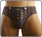 Bubbles printed pattern on brown background. Fine and soft matter. Small elastic waisd band with logo.