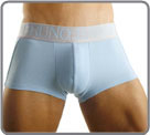 Broad silver plated waist band with light blue Bruno Banani logo. Fabric in corded mesh. Trunk cut.