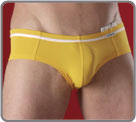 New cut even sexier: Little covering back, cut like a brief in front. White line on the waist for more contrast. Bright colors. Logo 