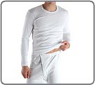 Fleecy interior for soft and natural comfort. Interlock material (similar to t-shirt cotton/elasthan, thicker, brushed for more softness. Round neck.