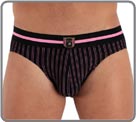 New : a range of thin stripes made from viscose stretch fabric. Produced in viscose elastane, the same material as the Elegant Stripes range. A contrasting waistband, enhanced by a small iron-on HOM insignia. Lined at the front.