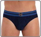 New : a range of thin stripes made from viscose stretch fabric. Produced in viscose elastane, the same material as the Elegant Stripes range. A contrasting waistband, enhanced by a small iron-on HOM insignia. Lined at the front.