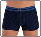 New : a range of thin stripes made from viscose stretch fabric. Produced in viscose elastane, the same material as the Elegant Stripes range. A contrasting waistband, enhanced by a small iron-on HOM insignia. Lined at the front.