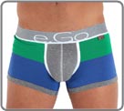A woven stripe made from cotton elasthan which is then stitched
onto the product. White edging and the ultra soft waistband enhance the design. A ‘colourblock’ feel for men’s underwear! Unlined front pouch.