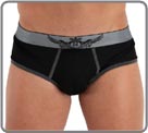 A large �Black� print features on the rear of the designs. A grey waistband with Rock and Roll wings enhances the products. Unlined front pouch.