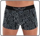 Top of the range fl ock fabric. ’Black’ printed motifs in gothic lettering. A grey waistband with wings enhances the products. Unlined front pouch.
