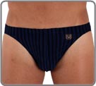 Range of thin stripes made from viscose stretch fabric. Produced in viscose elasthan, the same material as the Elegant Stripes range. Small iron-on HOM insignia. Lined at the front.