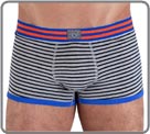 A Hipster cotton elastane with thin stripes Navy/grey knitted. A blue waist band electrical and striped orange that gives a lot of liveliness to the model. Sticker "e.Go University" style on the waist band. Look very "college".