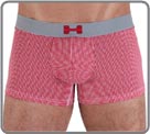 A model cotton modal elasthan printed and cotton woven. A small tile of vichy. Heathered grey Microfiber waistband highlights the Maxi. New logo, the "H" Hom with a thin coloured stripe.