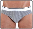 A model in a cotton polyester elasthan. A thin stripe on grey background mottled, enhanced with a beautiful white Microfiber waist band. An ideal line for the business man.