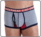 A blue/white knitted stripe enhanced by an orange robot embroidery at the back and an orange eGo label at the front. A very soft and colourful microfibre waistband bearing the eGo underwear knitted inscription.