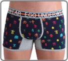 Pack of 2 boxers: a Navy background boxer printed small robots with borders and grey back yoke + a clear grey uni boxer with white borders and small logo robot orange at the bottom. Belt elasticated striped with logo E-GO Underwear.