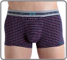 Majority micromodal material with elegant knitted stripe. Patented horizontal opening. The Must-have brand HOM. Discover the incredible comfort of the brief HO1, associated with a look very trendy. Color Navy/Pink.