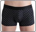 A boxer delivered boxed gift ready to offer, made in a smooth spandex polyamide upscale, like a second skin. Pattern printed delicate stars.