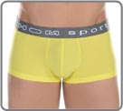 A Sensitive material, extremely soft, fluid, extensible and comfortable, very slightly transparent when stretched. Contrasted rubber waistband marked Hom Sport. Overstitching on the borders of the pouch coordinated in the waistband. Unlined pouch.