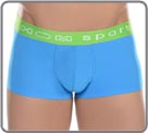 A Sensitive material, extremely soft, fluid, extensible and comfortable, very slightly transparent when stretched. Contrasted rubber waistband marked Hom Sport. Overstitching on the borders of the pouch coordinated in the waistband. Unlined pouch.