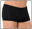 Magnificent veill material slightly transparent, soft and extensible with a velvet touch baroque inspired pattern. Covered waistband with cloth logo sewn on it and enhanced with a Svarowski crystal. Lined front pouch.
