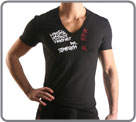 Deep V-neck. Majority cotton. Accorded with Boxer Message.