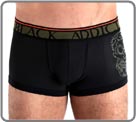 A Maxi boxerbrief UP in lattice very soft microfibre, decorated with a death head stylized. A khaki/black waist band raised of an orange sharp. Assocation of comfort and the look.