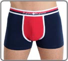 Sporty, solid cotton material, colors red and blue marine. Blue, white and red striped waist band. Center logo. Lined at the front.