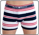 Sporty, cotton material with horizontal stripes, blue, white and red. Lined at the front.
