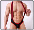 Brief/jock bodysuit in mesh material edged with a contrasting coloured edging...