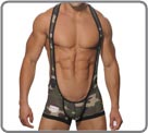 L'association d'un body boxer et d'un jockstrap laissant appara�tre votre torse pour un look d'athl�te . Mod�le camouflage sur une mati�re mesh tr�s respirante.