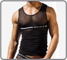 Sheer : Voile transparent en haut, doublé coton en bas. Logo Rufskin au tour de poitrine. Ligne masculine et sexy.