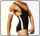 Bodybrief, high with straps, majority cotton. Elastic and coloured bands on the sides. Without opening between legs. Rufskin logo on the neck.