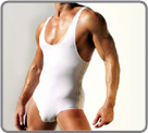 Bodybrief, high with straps, majority cotton. Elastic and coloured bands on the sides. Without opening between legs. Rufskin logo on the neck.