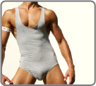 Bodybrief, high with straps, majority cotton. Elastic and coloured bands on the sides. Without opening between legs. Rufskin logo on the neck.