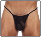 Semi-transparent net material. Glossed black material for the waist band and the borders.