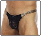 Semi-transparent net material. Glossed black material for the waist band and the borders. Sides and back link in black material printed Snake skin color gold/cooper.