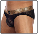 Semi-transparent net material. Glossed black material for the waist band and the borders. Waist band in black material printed Snake skin color gold/cooper.
