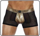 Semi-transparent net material. Glossed black material for the waist band and the borders. Waist band and pouch in black material printed Snake skin color gold/cooper.