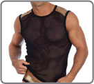 Semi-transparent net material. Glossed black material for the waist band and the borders. Shoulders in black material printed Snake skin color gold/cooper.