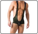 Body boxer � bretelles, mati�re velour kaki bord�e de couleur contrast�e. Poche frontale en maille transparente.