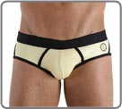 With its energetic, sporting and sexy look, SLIMER model privileges comfort and style with a male fashion spirit. Pale Yellow rippled jersey body with bamboo trimming and lining. Black elastic with black logo. Printed logo on the front and back.