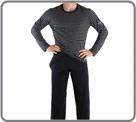 Long cotton stretch pyjamas. Top with black and anthracites stripes, round neckr, long sleeves. Black trousers with elastic belt. 1 right pocket.