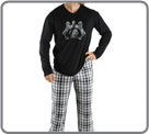 Mixed pyjamas double face. Tee-shirt 100% cotton jersey, serigraphy chest. Recall of the pattern for the trousers in the half-moon and to the elbows. Trousers 100% cotton chain and weave, pattern with white and black squares. Elastic girdle, cord of tightening, 2 pockets.