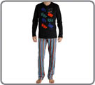 Pyjama long. Haut noir 100% coton, imprim et broderie rouge / bleu devant. Col...