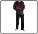 Pyjama long en coton. Haut col rond, rayures horizontales noires et grises. et...