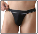 Tanga thong with its large black waist band underlined with a white line. front...