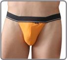 Tanga thong with its large black waist band underlined with a white line. front...