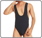 Microfiber thong bodysuit, strappy top (Marcel). Stretchy material. No opening...