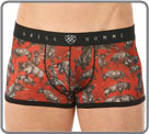 Boxerbrief in a stretchable red veil adorned with grey bulls. Contrasted thighs...