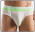 Low waisted brief with super soft elastic belt, neon green accented stripes. 22...